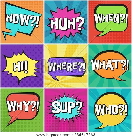 Big Set Of Retro Comic Speech Bubbles With Questions Text On Colorful Dotted And Striped Backgrounds