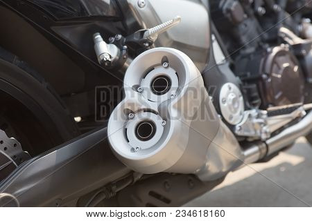 Powerful Motorcycle Exhaust Twin Pipes Closeup Photo