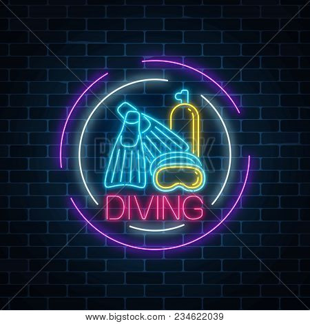 Glowing Neon Sign Of Diving Beach Club With Flipers, Mask And Balloon Symbols In Circle Frames On Da