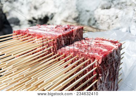 Fresh Block Of Arrosticini Outdoor In A Sunny Day