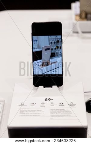 Moscow, Russia - March 28, 2018: Samsung Galaxy S9  Phone On A Stand In The Samsung Brand Store. On 