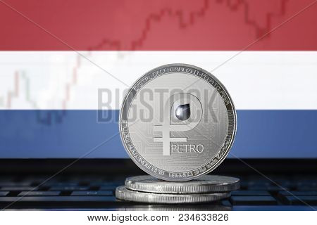 Petro (ptr) Cryptocurrency; Coin El Petro On The Background Of The Flag Of Netherlands; National Ven
