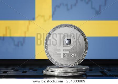 Petro (ptr) Cryptocurrency; Coin El Petro On The Background Of The Flag Of Sweden (kingdom Of Sweden