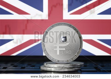 Petro (ptr) Cryptocurrency; Coin El Petro On The Background Of The Flag Of United Kingdom Of Great B
