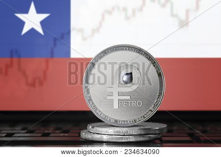 Petro (ptr) Cryptocurrency; Coin El Petro On The Background Of The Flag Of Chile; National Venezuela