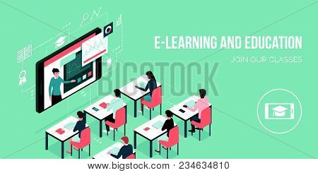 Professor Talking On A Video Conference On A Smartphone And Adult Students Learning: Online Courses 