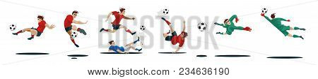 Soccer Players Kicking Ball And Goalkeepers. Set Collection Of Different Poses. Vector Illustration