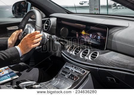 Geneva, Switzerland - March 7, 2018: Interior Dashboard View Of The New Mercedes Benz E300 Diesel Hy