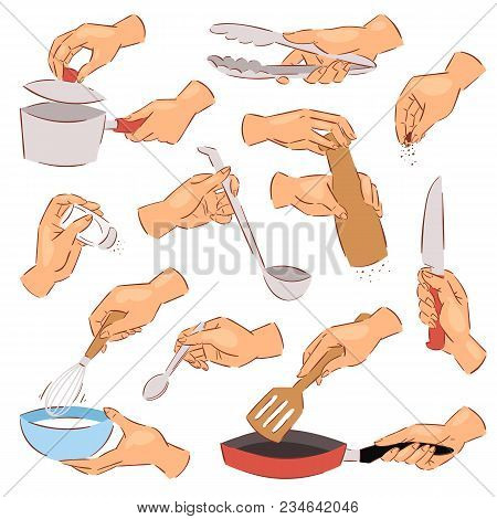 Cooking Hands Vector Chef Preparing Food On Frying Pan Using Kitchenware Or Cookware Illustration Se