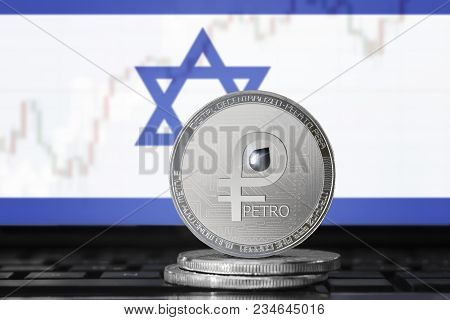 Petro (ptr) Cryptocurrency; Coin El Petro On The Background Of The Flag Of Israel; National Venezuel