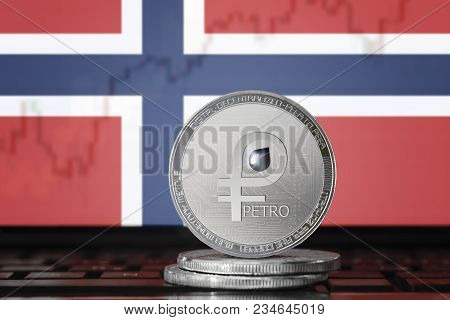 Petro (ptr) Cryptocurrency; Coin El Petro On The Background Of The Flag Of Norway; National Venezuel