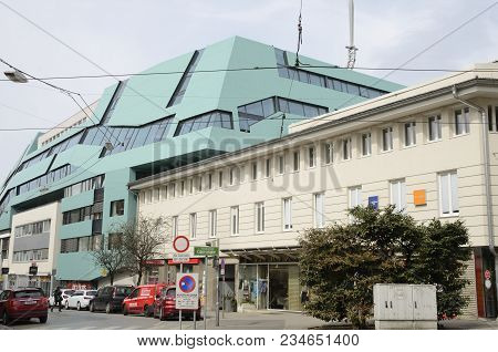 Graz, Austria - March 20, 2017: Street Sigth  Front Of A Modern Building In Graz, The Capital Of Sty