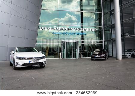 Dresden, Germany - April 2 2018: Plug-in Hybrid Electric Car Volkswagen Golf Gte Stands By Charging 