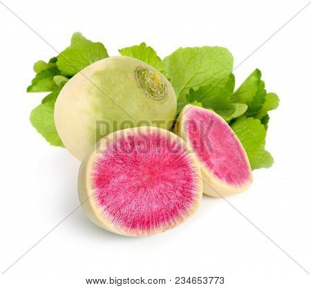 Whole And Sliced Watermelon Radish Isolated On White Bacground