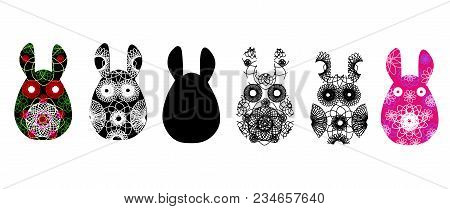 Set Of Rabbit Silhouettes With A Contrasty Abstract Pattern. Vector Illustration Isolated On White B