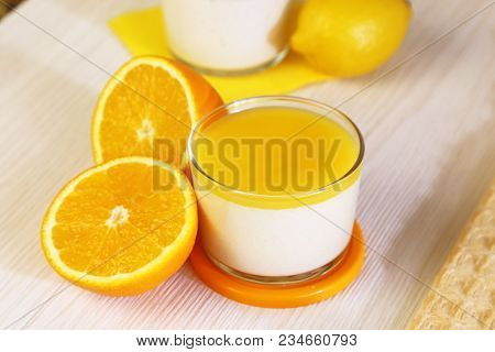 Food. Panna Cotta. Italian Milk Citrus Dessert Made Of Yogurt And Cream With Lemon And Orange.