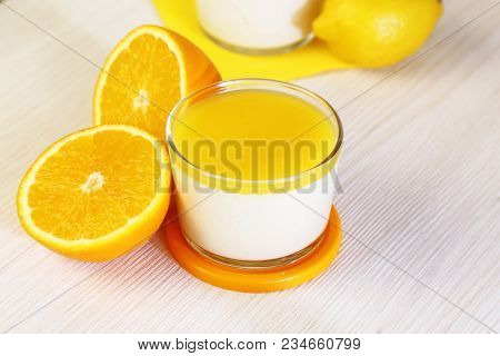 Food. Panna Cotta. Italian Milk Citrus Dessert Made Of Yogurt And Cream With Lemon And Orange.