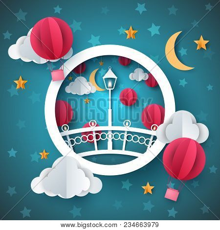 Street Light. Cartoon Paper Landscape. Bridge, Air Balloon, Moon, Cloud Stad Vector Eps 10