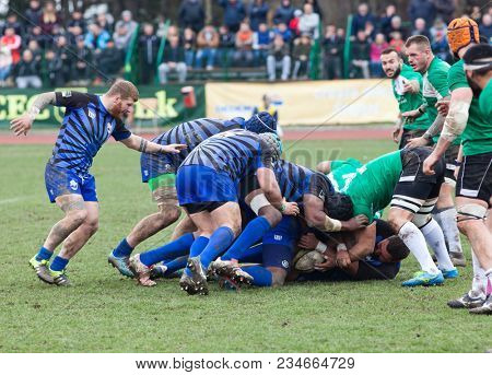 CLUJ-NAPOCA, ROMANIA - 31 March 2018: Rugby cup final between CSM Stiinta Baia Mare vs CSM Bucuresti on 31.03.2018 in Cluj-Napoca, Romania