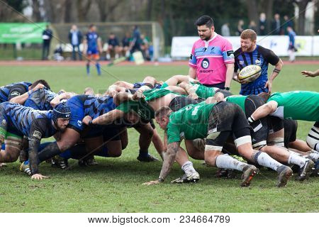 CLUJ-NAPOCA, ROMANIA - 31 March 2018: Rugby cup final between CSM Stiinta Baia Mare vs CSM Bucuresti on 31.03.2018 in Cluj-Napoca, Romania