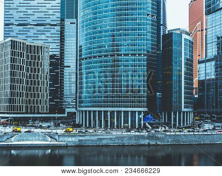 Urban City Skyscraper Office Building And The Traffic In The City