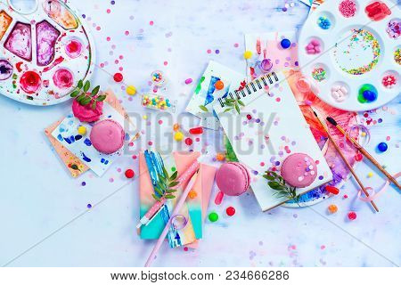 Sweettooth Artist Tools Creative Party Concept. Pink Macarons In A Colorful Party Activity Concept W