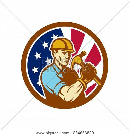 Icon Retro Style Illustration Of An American Handyman, Builder, Carpenter Or Construction Worker Hol