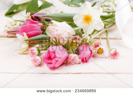 Flowers Composition. Frame Made Of White Flowers On White Background. Valentine's Day. Flat Lay, Top