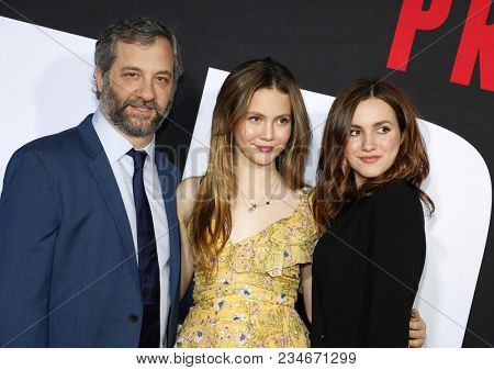 Judd Apatow, Maude Apatow and Iris Apatow at the Los Angeles premiere of 'Blockers' held at the Regency Village Theatre in Westwood, USA on April 3, 2018.