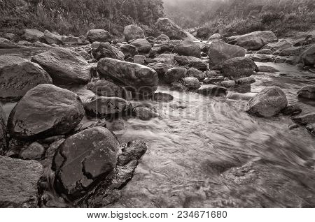 Beautiful Reshi River Water Flowing At Dawn, Sikkim, India. Reshi Is One Of The Most Famous Rivers O