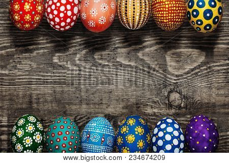 Colorful Easter Eggs Background In A Row. Top View