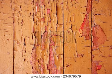 Old Wooden Background Colored Paint With Cracks, Scratches And Abrasions.