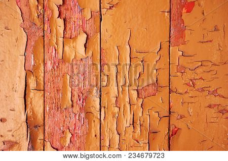 Old Wooden Background Colored Paint With Cracks, Scratches And Abrasions.
