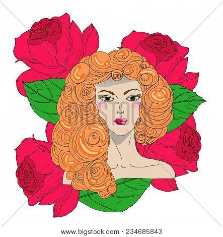 Portrait Of Pretty Young Redheared Woman With Long Beautiful Hair. Vector Illustration