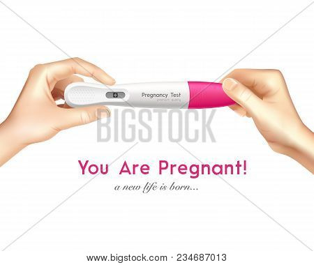 Digital Early Pregnancy Test In Hands Gives Unmistakable Positive Result In Words Realistic Advertis