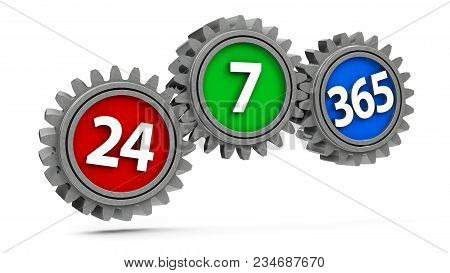 Gears With 24, 7, 365 - Concept Of Customer Support Service, Three-dimensional Rendering, 3d Illustr