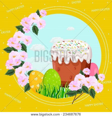 Easter Holiday Card With Eggs And Sweet Bread Vector Illustration