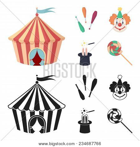 Circus Tent, Juggler Maces, Clown, Magician Hat.circus Set Collection Icons In Cartoon, Black Style 