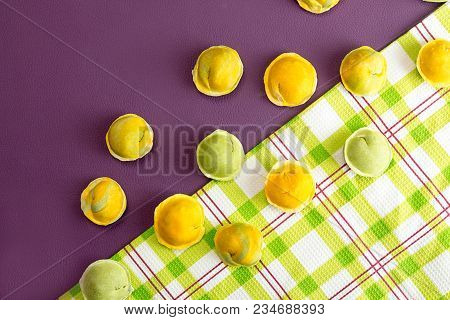 Row Of Homemade Raw Dumpling Green And Yellow Colors, Traditional East European Food Before Boiling.