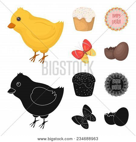 Easter Cake, Chicken, Butterfly And Greeting Sign.easter Set Collection Icons In Cartoon, Black Styl