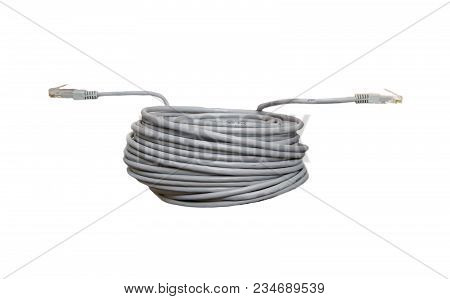 Twisted Pair Patch Cord Network Internet Cable With Shadow Isolated Over White Background. Top View.