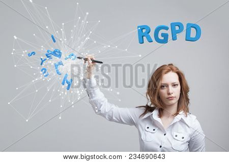 RGPD, Spanish, French and Italian version version of GDPR: Reglamento General de Proteccion de datos. General Data Protection Regulation. Young woman working with information.