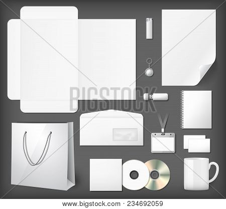 Blank Corporate Identity Mock Ups Set. Notepad, Cd Cover, Shopping Bag, Usb Stick, Lighter, Envelope