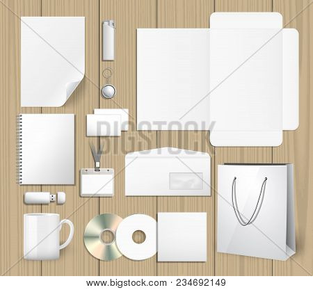 Blank Corporate Identity Mock Ups Set. Notepad, Cd Cover, Shopping Bag, Usb Stick, Lighter, Envelope