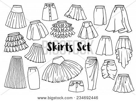 Hand Drawn Women Skirts Set. Doodle Pen Line Symbols Of Chic Ladies Clothes Isolated On White. Graph