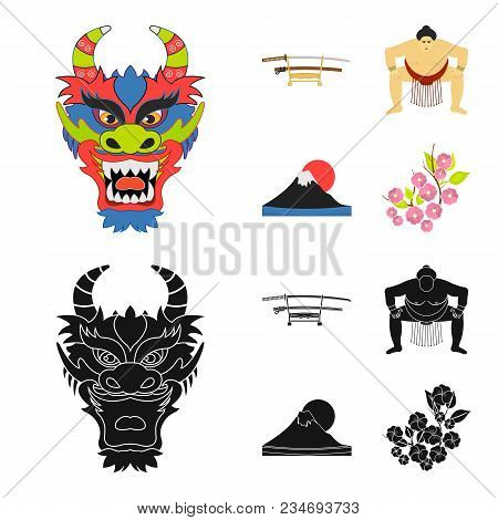 Dragon Mask, Katano, A Man Is A Sumo Player, A Fujiama Mountain.japan Set Collection Icons In Cartoo