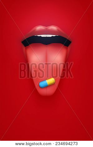 Poster Of Pills And Vitamins. Woman Red Lips And Tongue With Pils. Industry Medicine And Pharmaceuti