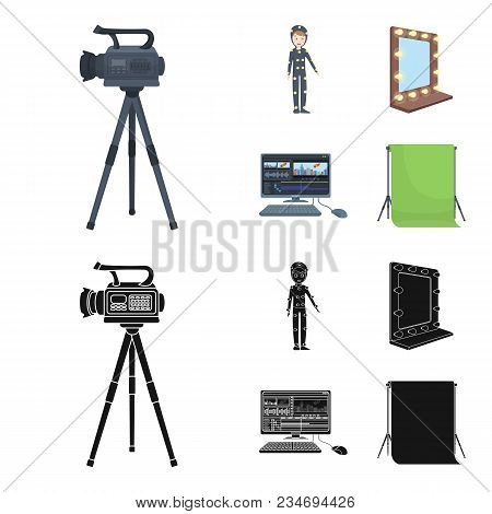 A Movie Camera, A Suit For Special Effects And Other Equipment. Making Movies Set Collection Icons I