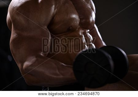 Brutal Strong Bodybuilder Athletic Men Pumping Up Muscles With Dumbbells