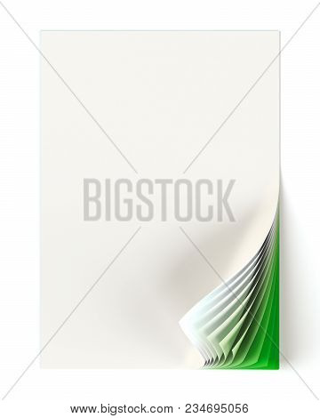 Blank Document Mock Up With Green Monochrome Curled Corner. Graphic Design Element. Business Corpora